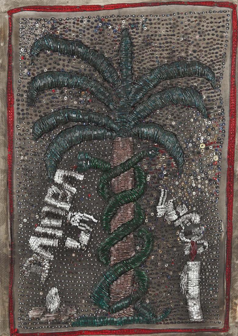 Haitian "Damballa" Flag (20th c.): Haitian "Damballa" Flag (20th c.), mixed-media, sequins, applique and frabric. Note: with snakes representing Damballa, supreme Vodun diety. Size: 26'' x 18'', 66 x 46 cm (stretcher). Jonathan Demme C