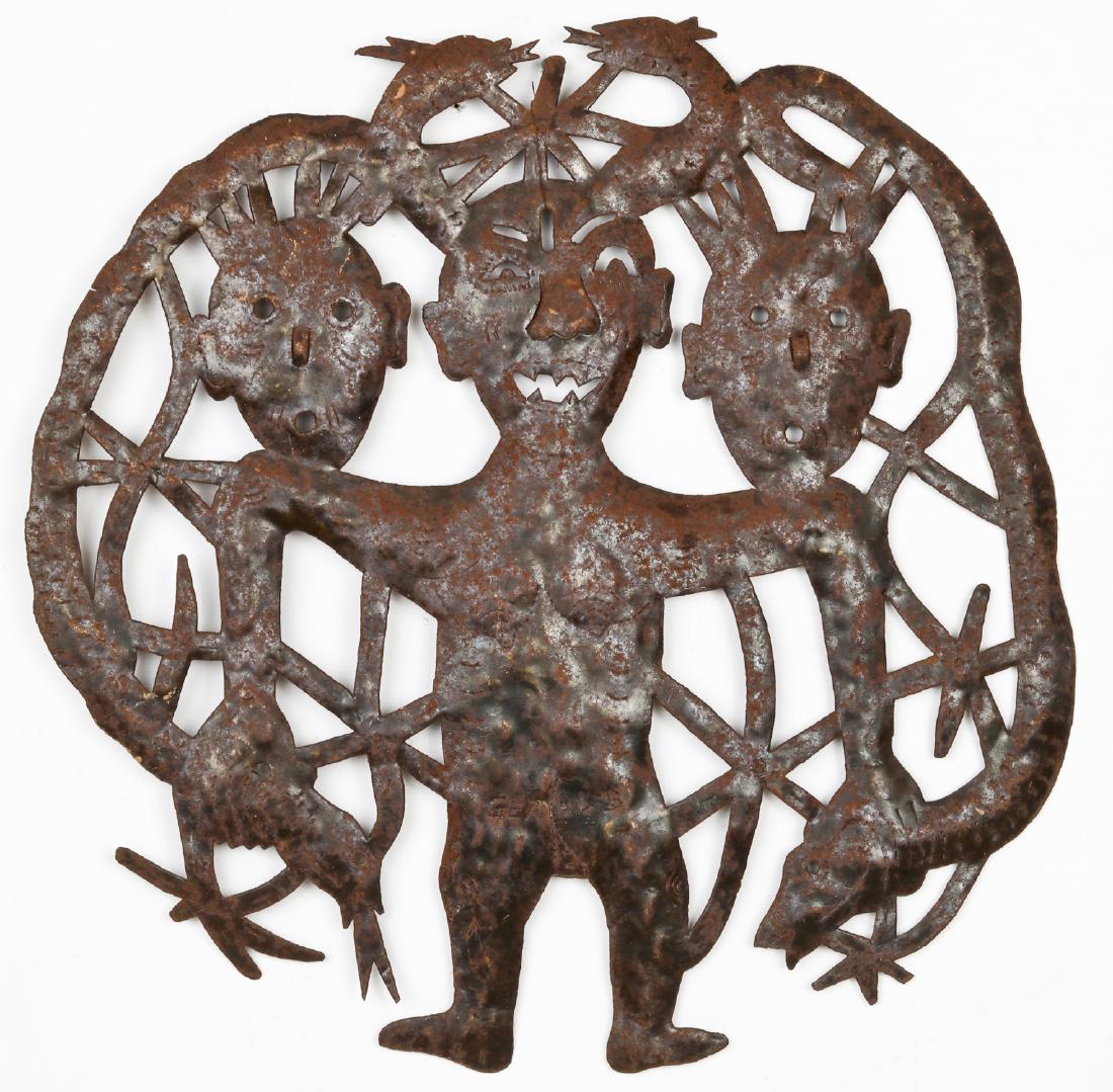 Geral B. (Haitian, 20th c.) 3 Spirit Figures: Geral B. (Haitian, 20th c.) 3 Spirit Figures, hammered steel oil drum cut work sculpture, signed. Size: 23'' x 23'', 58 x 58 cm. Jonathan Demme Collection.