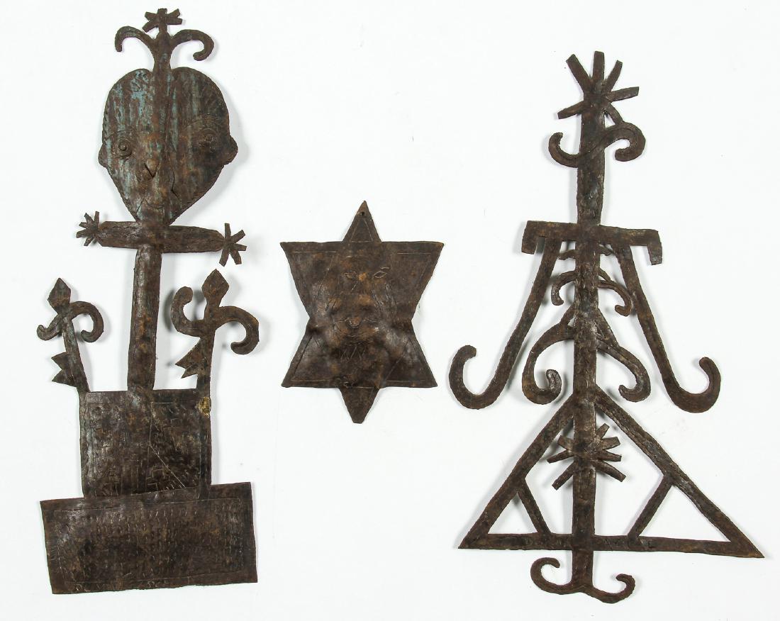 Duma Pascal (Haitian/Croix des Bouquets, 20th c.) 3: Duma Pascal (Haitian/Croix des Bouquets, 20th c.) 3 Works, each steel oil drum cutout sculptures, signed. Largest Size: 18'' x 7'' (46 x 18 cm). Jonathan Demme Collection.
