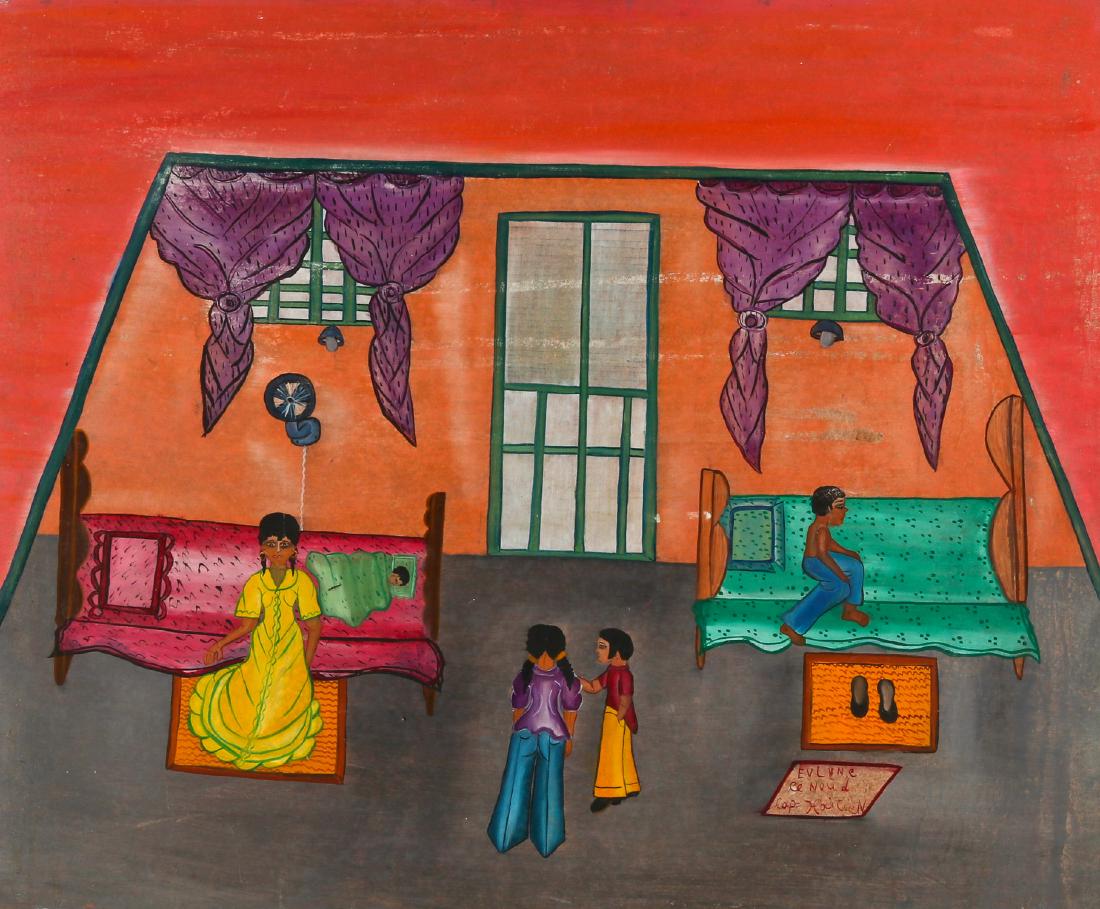 Evelyne Cenoud (Haitian/Cap-Haïtien, 20th c.) Interior: Evelyne Cenoud (Haitian/Cap-Haïtien, 20th c.) Bed Chamber, painting on masonite, signed. Framed. Exhibited / Illustrated: A Sense of Place: Cap-Haïtien Paintings from the Collection of Jonathan Demm