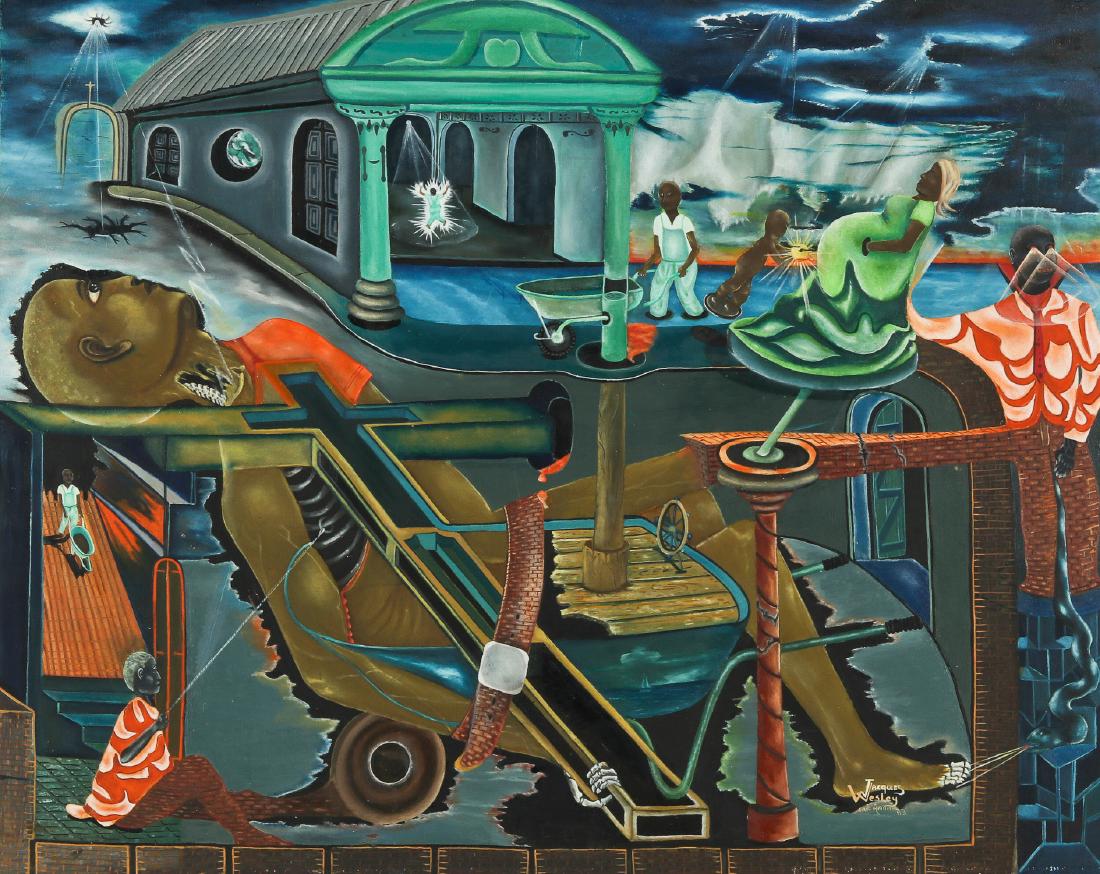 Jacques Wesley (20th c.) Surreal Cap-Haïtien Scene, (1 of 3)