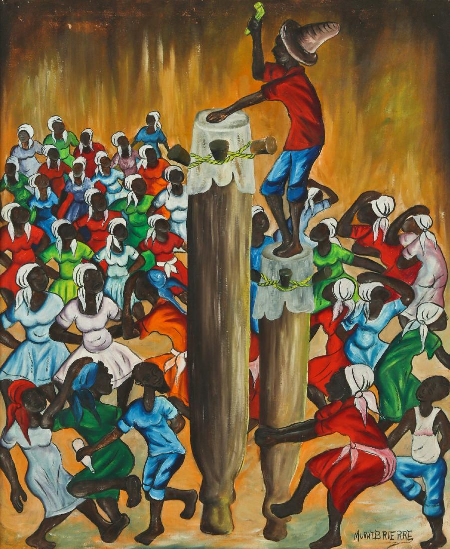 Murat Brierre (Haitian/Croix des Bouquets, 1938-1988): Murat Brierre (Haitian/Croix des Bouquets, 1938-1988) Ceremony with Asitor Drum, oil painting on canvas, signed. Framed. Size: 24'' x 20'', 61 x 51 cm (stretcher); 24.75'' x 20.75'', 63 x 53 cm (frame