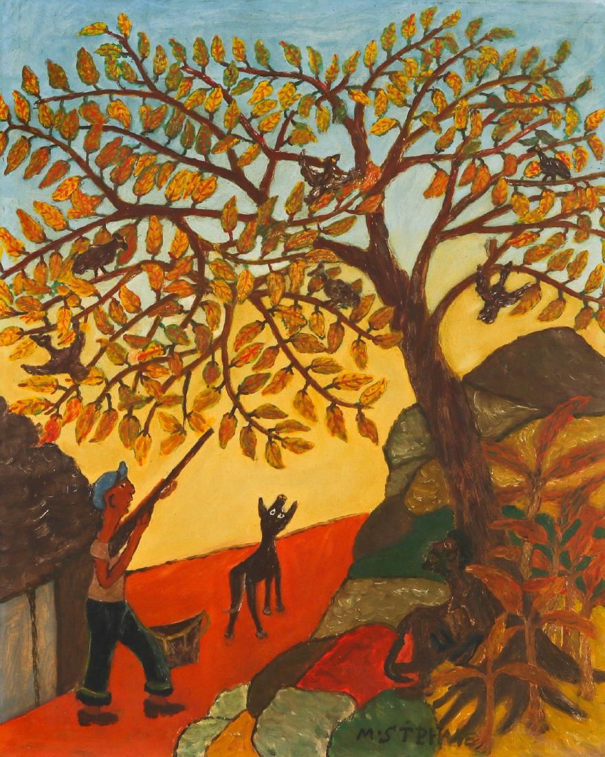 Micius Stéphane (Haitian/Bainet, 1912-1996): Micius Stéphane (Haitian/Bainet, 1912-1996) Hunting Birds, painting on masonite, signed. An early work by the artist. Framed. Size: 20'' x 16'', 51 x 41 cm (board); 21.25'' x 17'', 54 x 43 cm (frame)