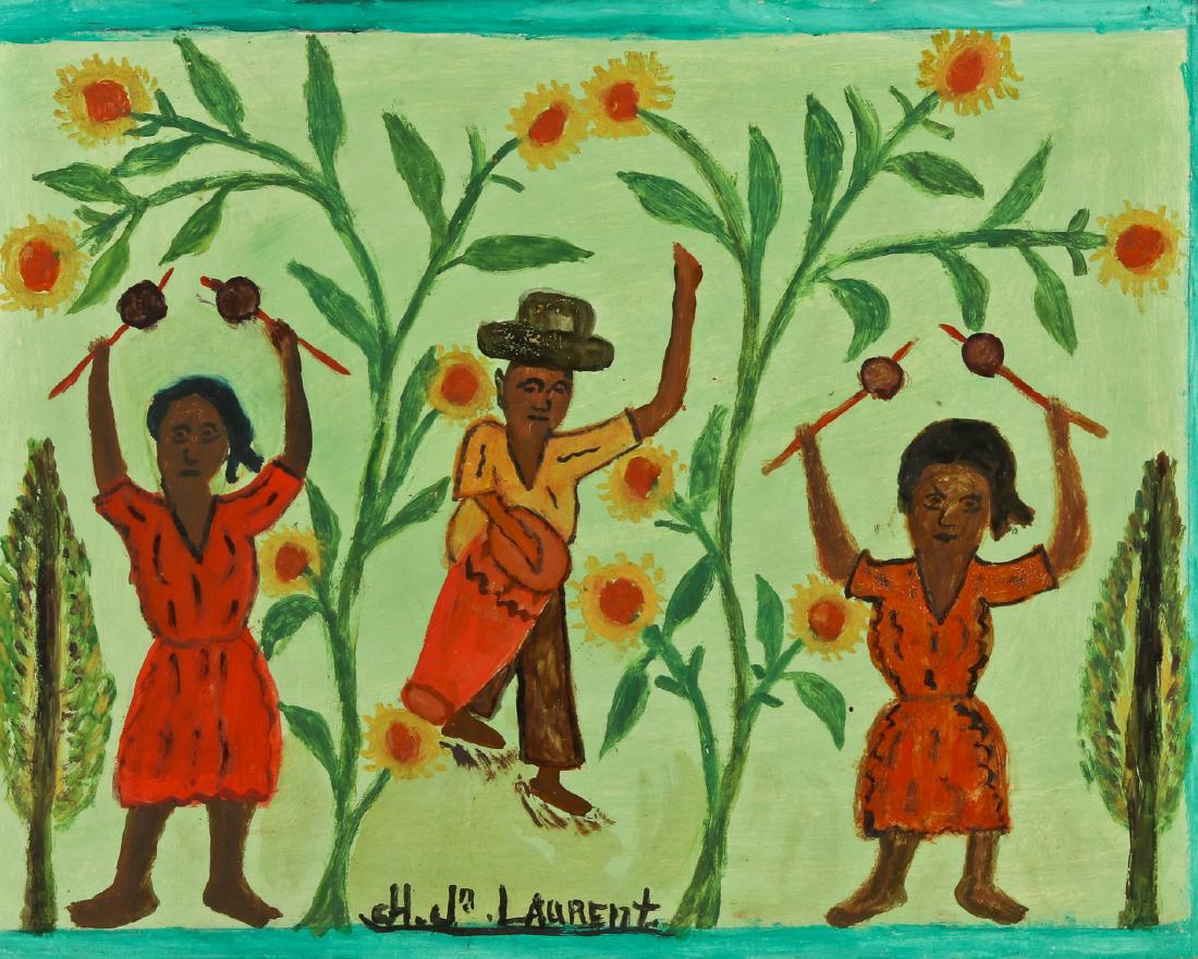 Joseph Jean-Laurent (Haitian/Croix-des-Bouquets,: Joseph Jean-Laurent (Haitian/Croix-des-Bouquets, 1893-1976) Music in the Country, painting on masonite, signed. Framed. Size: 16'' x 20.25'', 41 x 51 cm (board); 17.5'' x 21.75'', 44 x 55 cm (frame).