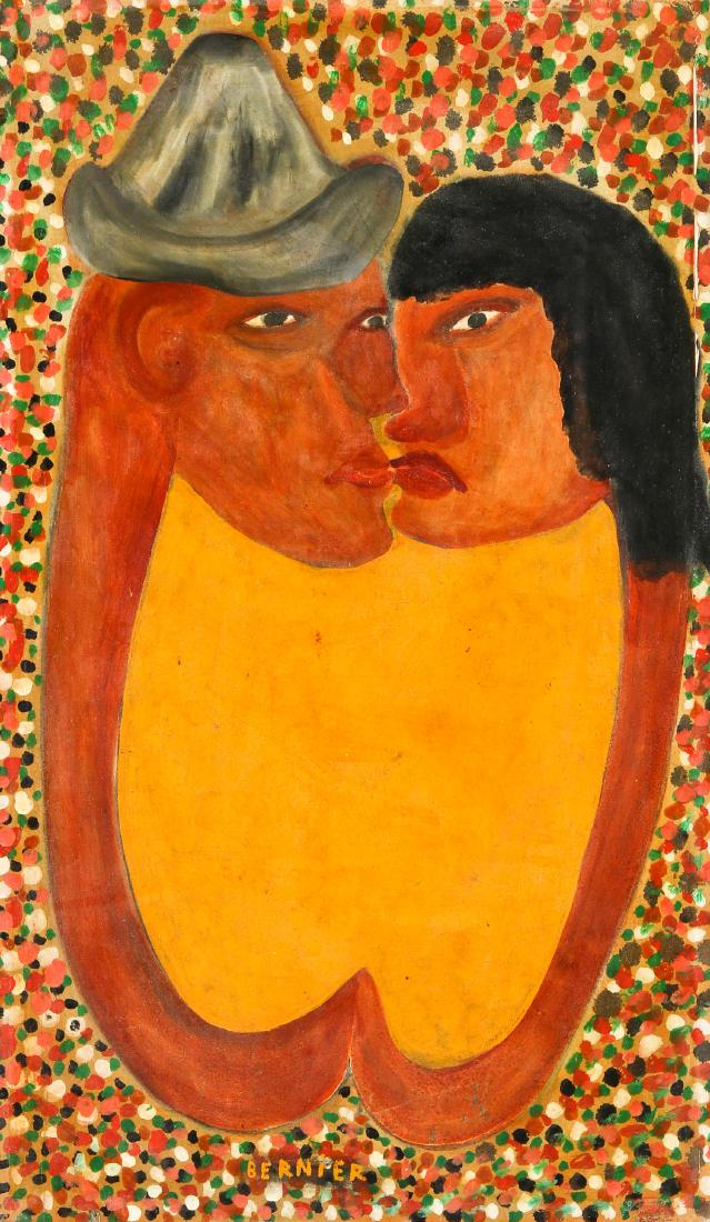 Bernier (Haitian, 20th c.) Lovers: Bernier (Haitian, 20th c.) Lovers, painting on masonite, signed. Framed. Provenance: Centre D'Art. Size: 20'' x 11.75'', 51 x 30 cm (board); 21.75'' x 13.75'', 55 x 35 cm (frame). Jonathan Demme Colle