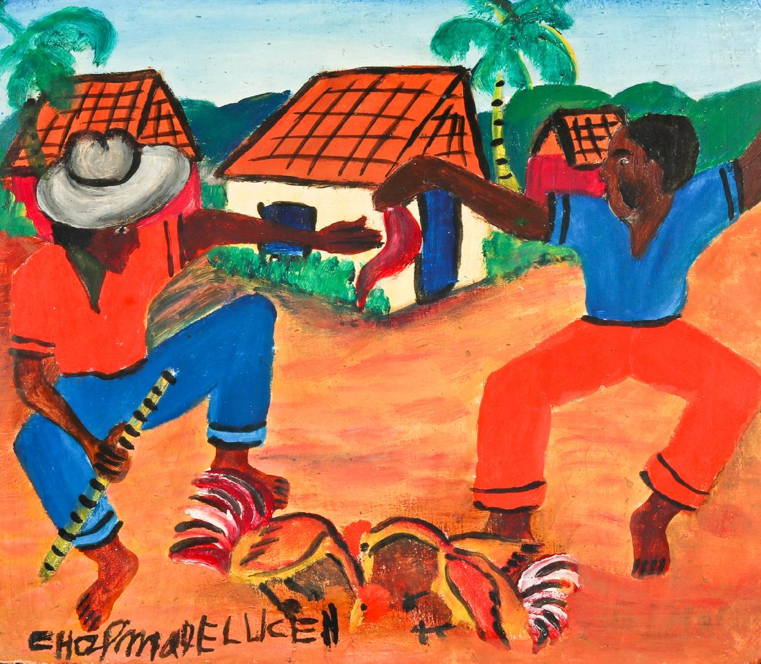 Chapman Lucien (Haitian, 20th c.) Rural Cockfight: Chapman Lucien (Haitian, 20th c.) Rural Cockfight, painting on board, signed illegibly. Framed. Size: 8'' x 9'', 20 x 23 cm (board); 9.25'' x 11.5'', 23 x 29 cm (frame). Jonathan Demme Collection.
