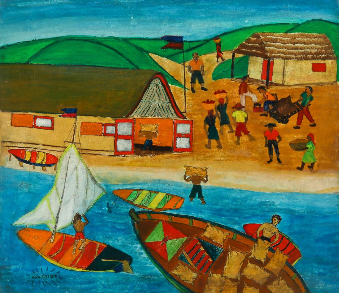 W. Voltaire (Haitian, 20th c.) Fishing Scene: W. Voltaire (Haitian, 20th c.) Fishing Scene, painting on masonite, signed. Framed. Size: 15.5'' x 17.5'', 39 x 44 cm (board); 17.5'' x 19.75'', 44 x 50 cm (frame). Jonathan Demme Collection.