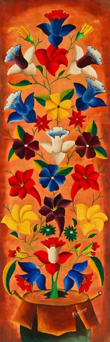 Andre Saturne (1927-1983) Towering Still Life: Andre Saturne (Haitian/Pétionville, 1927-1983) Towering Still Life - Flowers, painting on masonite, signed. Provenance: Acquired via Leon Chalom, 4/97. Size: 48'' x 15.75'', 122 x 40 cm (board); 49.7