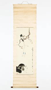 Antique Chinese Hanging Scroll Painting: Antique Chinese Hanging Scroll Painting, ink on paper, calligraphy, stamps. Canvas backing. Size: 85.75'' x 24'', 218 x 61 cm (overall); 49.25'' x 17.75'', 125 x 45 cm (image).