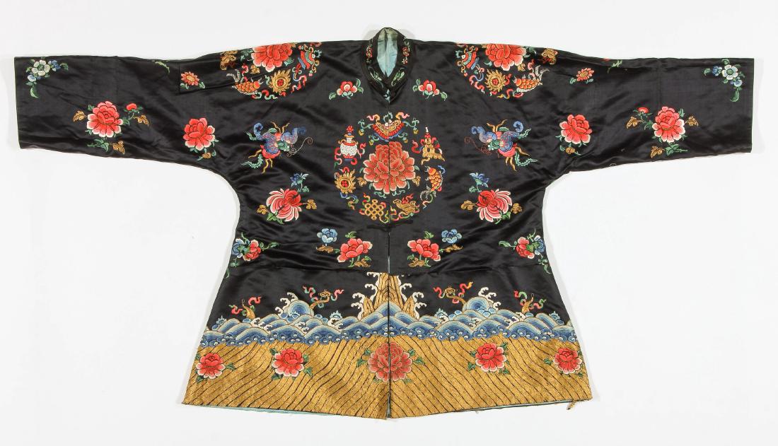 Antique Chinese Silk Embroidered Robe: Antique Chinese Silk Embroidered Robe, silk floss thread on silk, metal thread. Provenance: Walter Holmes Conrad (1850-1929), Philadelphia, by family descent to current owner. Size: 62'' x 32'' (157 x