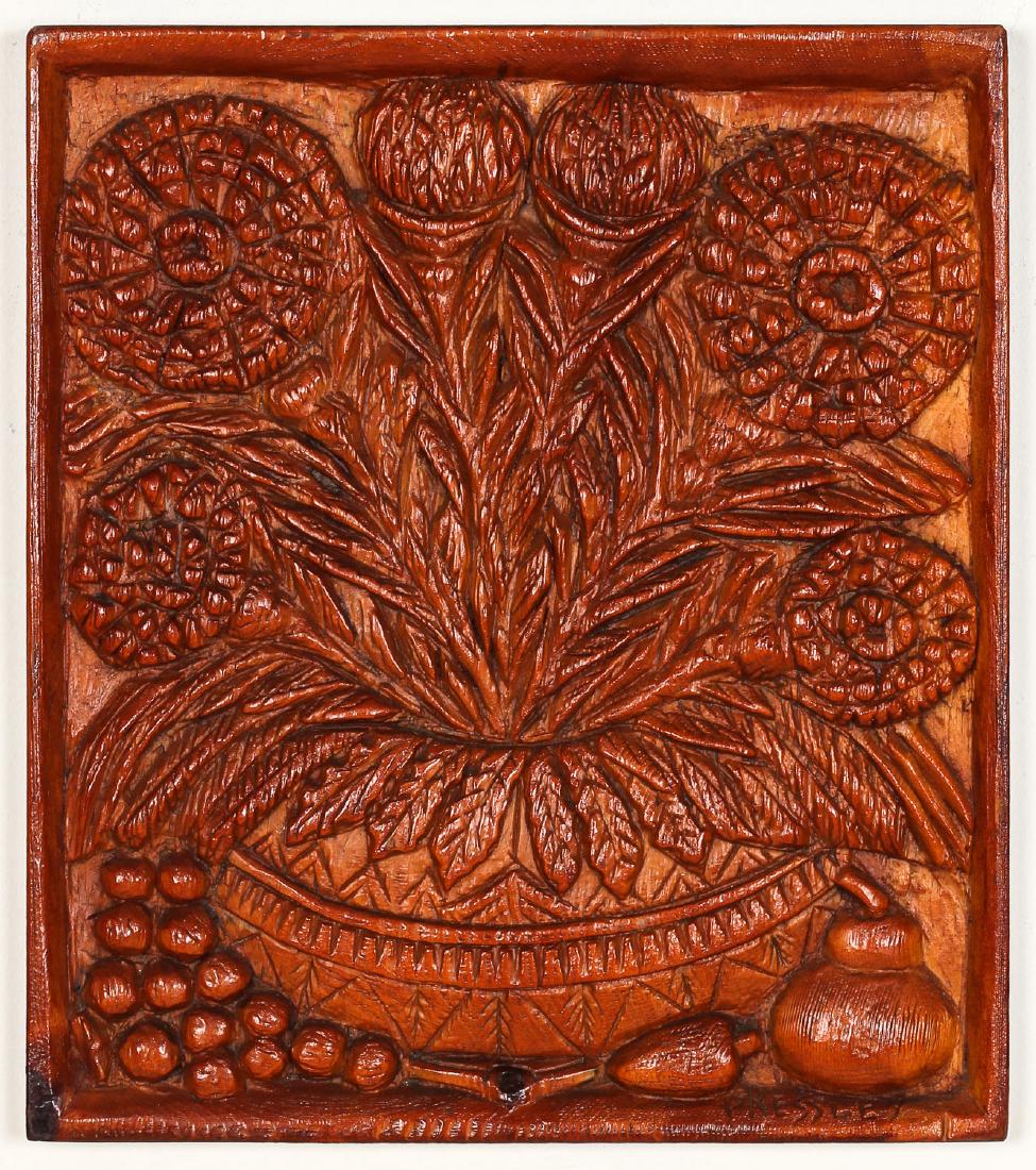 Daniel Pressley (1918-1971) Still Life with Flowers,: Daniel Pressley (American, 1918-1971) Still Life with Flowers, 1947, carved wood-relief plaque, signed and dated. Size: 17.75'' x 15.5'', 45 x 39 cm (board).