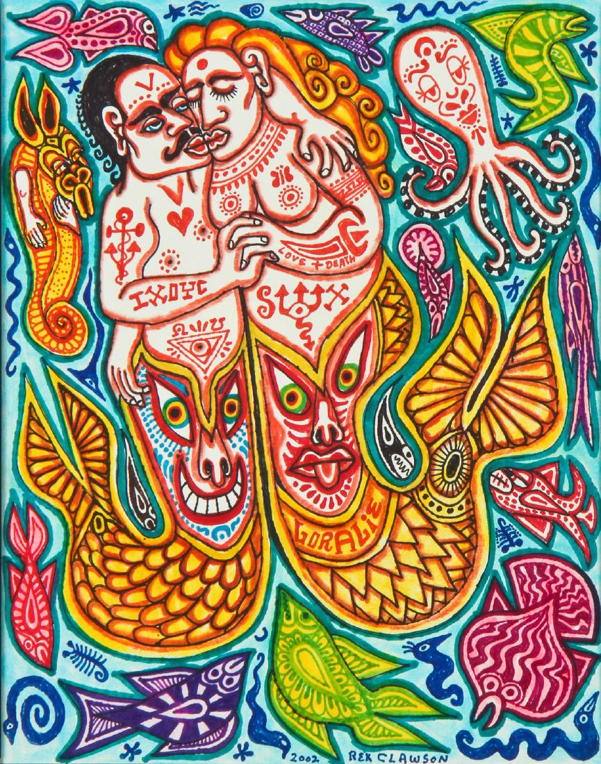 Rex Clawson (1929-2007) Mermaids: Rex Clawson (American, 1929-2007) Mermaids, 2002, ink drawing on paper, mounted on board, signed and dated. Size: 11.25" x 9", 29 x 23 cm (sheet); 12.25" x 9.25", 31 x 24 cm (frame).