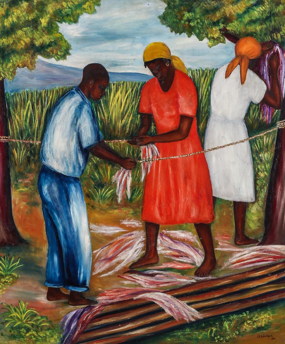 Gabriel Leveque (Haitian, b. 1923) The Hemp Weavers,: Gabriel Leveque (Haitian, b. 1923) The Hemp Weavers, 1951, painting on masonite, signed and dated. Size: 24'' x 20'', 61 x 51 cm (board).
