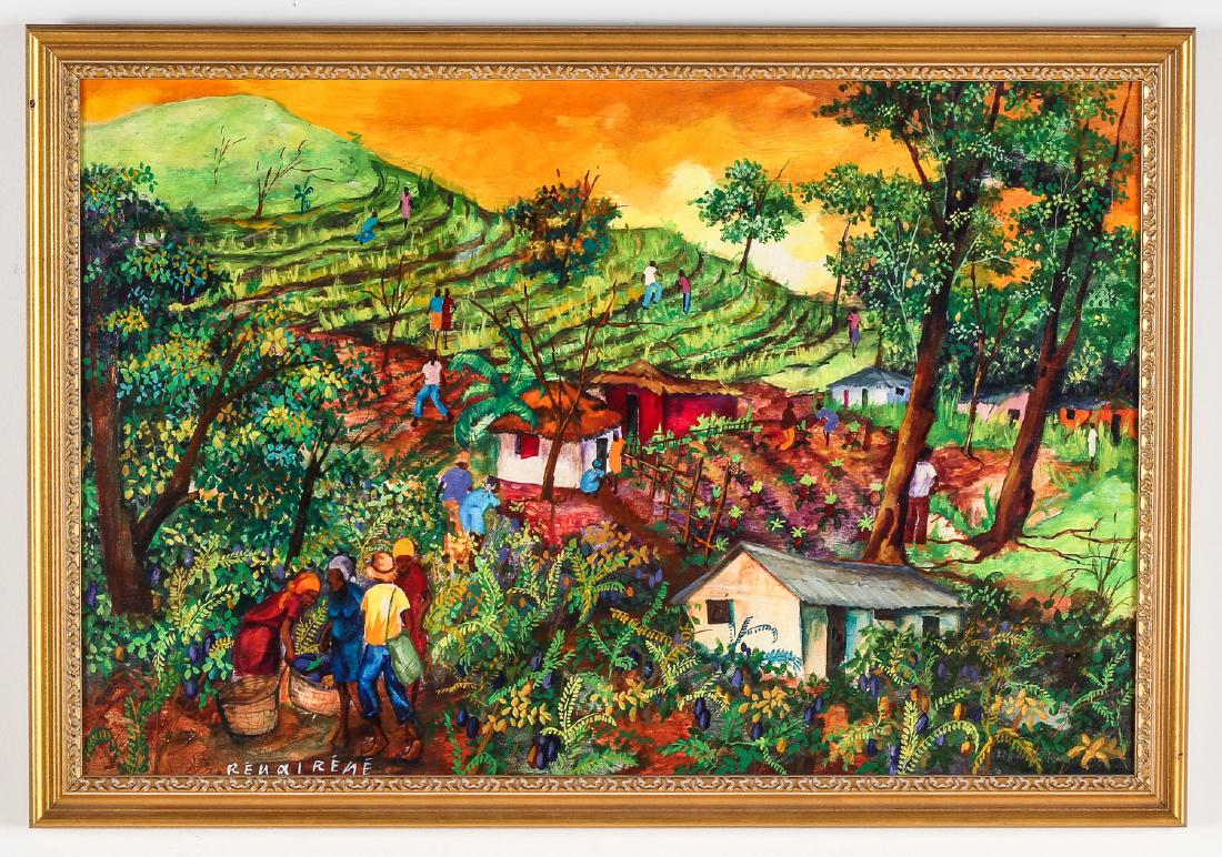 Renal Rene (Haitian, 20th c.) Mountain Sunset: Renal Rene (Haitian, 20th c.) Mountain Sunset, 1990's, painting, signed. Framed. Size: 23.25'' x 35.25'', 59 x 90 cm (sight); 27'' x 39'', 69 x 99 cm (frame).