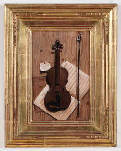 Jacob Collins (b. 1964) Still Life with Violin, 1998: Jacob Collins (American, b. 1964) Tromp L'oeil Still Life with Violin, 1998, oil painting on wood panel, signed and dated. In a gold leaf frame. Provenance: Private Collection. Size: 12'' x 8'', 30 x