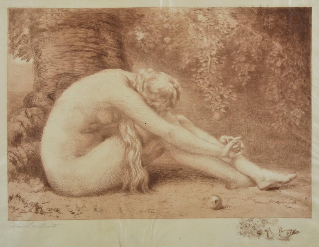 Anna Lea Merritt (1844-1930) "Eve", c. 1887: Anna Lea Merritt (1844-1930) "Eve", c. 1887, etching on vellum, signed. Depicting a Pre-Raphaelite Style Nude. Size: 17.5'' x 21.5'', 44 x 55 cm (plate); 19'' x 24'', 48 x 61 cm (sheet).