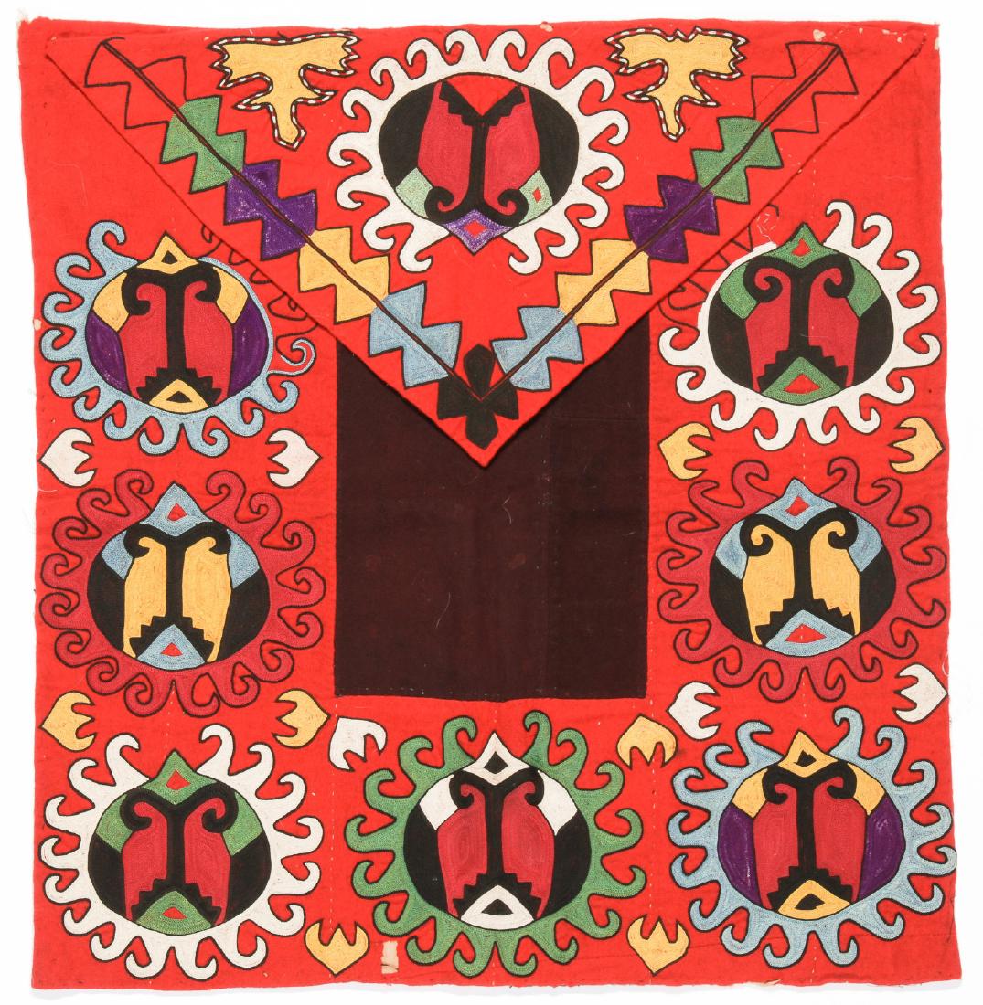 Antique Central Asian Lakai Silk Embroidery: Antique Central Asian Lakai Silk Embroidery. Size: 25'' x 23.75'' (64 x 60 cm).