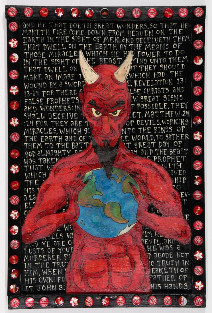 Erikus Maximus "He's got the Whole World in His Hands": Eric "Erikus Maximus" Cunningham (American, 20th c.) "Devil - He's got the Whole World in His Hands", painting on wood, signed. Size: 34'' x 20'', 86 x 51 cm (board).