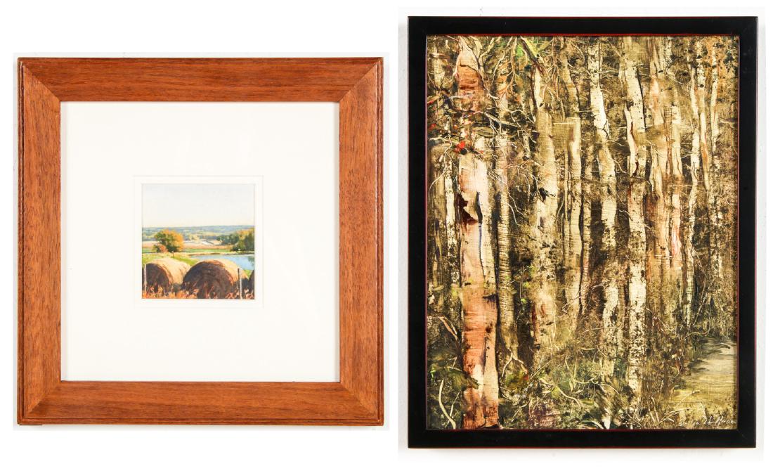 2 Landscape Paintings: Sandra Hoffman and John Preston: 2 Landscape Paintings: 1) Sandra Hoffman (American, 20th c.) "Birch Trees", Oil painting, signed. Framed. Size: 10.5" x 8.5", 27 x 22 cm (frame), 9.5" x 7.5", 24 x 19 cm (sight); 2) John Preston (Amer