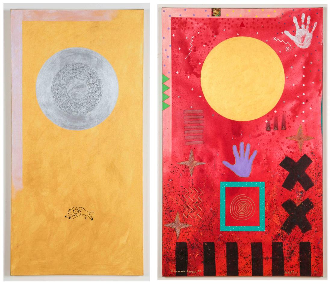 D. Coffin (New Mexico, 20th c.) 2 Paintings: D. Coffin (New Mexico, 20th c.) Two Paintings "Buffalo Spirit Moon" and "Shamans Dream #3", each mixed media painting on canvas. Size: 48'' x 24'', 122 x 61 cm (stretcher).