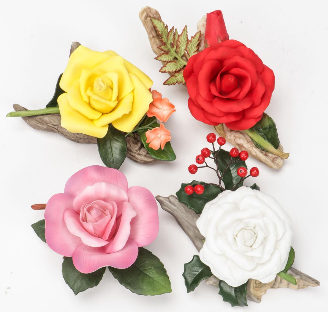 4 Boehm Studios Porcelain Roses: 4 Boehm Studios Porcelain Roses including Eclipse Rose, Mr. Lincoln Rose, Christmas Rose and the Helen Boehm Rose. Largest size: 3.5'' x 7.25'' x 3.25'' (9 x 18 x 8 cm).