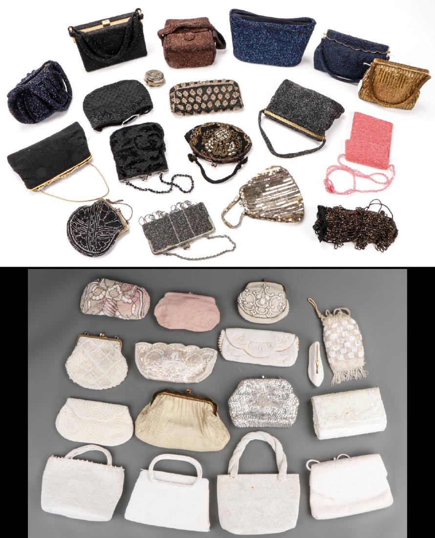 34 Antique/Vintage Hand Beaded Lady's Bags: Large lot of 34 antique/vintage hand beaded bags made in France, Belgium, Japan, Hong Kong; some marked made for Saks 5th avenue, one marked made for John Wanamaker. Ranging in size from 1.5'' x 2.5''