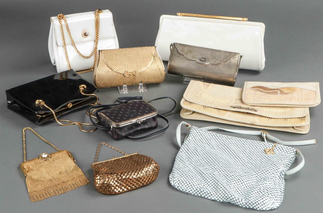 11 Vintage Vinyl, Metal & Mesh Handbags: 11 Vintage Vinyl, Metal, Mesh Handbags including 1 Harry Rosenfeld metal clutch, one Fendi bag, and 1 gold bag marked Made in US Zone Germany. Ranging in size from 4'' x 5.25'' (10 x 13 cm) to 7'' x 1