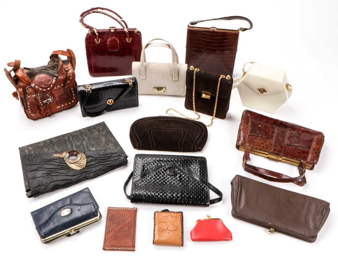 16 Vintage Leather/Crocodile/Snakeskin Purses: Lot of 16 Vintage Leather/Crocodile/Snakeskin Purses including Carlos Falchi snakeskin clutch and wallet, black Fendi bag, several Koret bags and western saddle style bag. Ranging in size from 3.25''