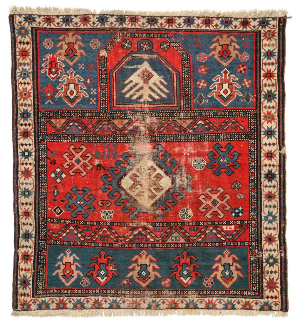Antique Kazak Prayer Rug: 3'6'' x 3'9'' (107 x 114 cm): Antique Kazak Prayer Rug: 3'6'' x 3'9'' (107 x 114 cm), Caucasus, circa 1900; shows wear.