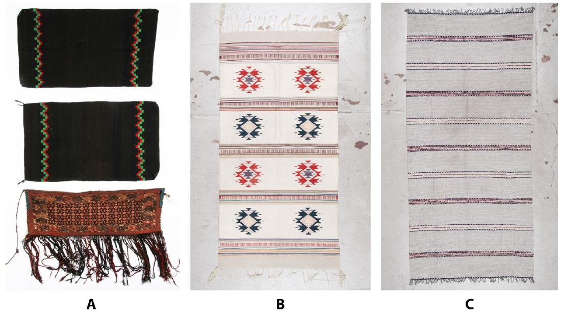 Estate Collection of Navajo & Other Weavings: Estate Collection of Navajo & Other Weavings: A: 2 Native American Weavings + Antique Central Asian Yomud Torba. Largest: 1'4'' x 3'10'' (41 x 117 cm). B: Native American Rug: 3'3'' x 6'5'' (99 x 196