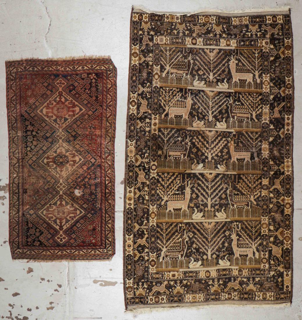 Antique Persian and Afghan Rugs: Antique Persian and Afghan Rugs, including a 19th c. Persian Gashgai rug with heavy wear: 3'5'' x 6'7'' (104 x 201 cm) and a early/mid 20th c. Afghan pictorial rug: 5'7'' x 9'10'' (170 x 300 cm), fade