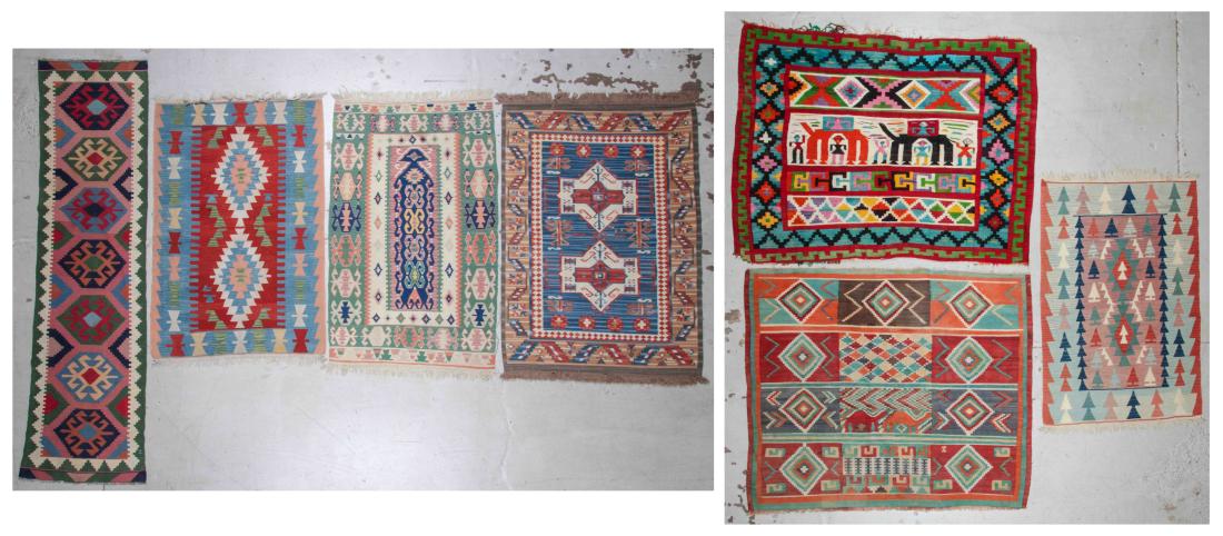 Estate Lot of 7 Vintage Kilims: Estate Lot of 7 Vintage Kilims, including Turkish, Caucasian, Tunisian kilims. Largest: 5'5'' x 6'4'' (165 x 193 cm).