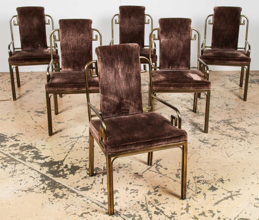 Set of 6 Baker Dining Room Chairs: Set of 6 Baker Dining Room Chairs, Brass/Bronze Patina with fabric upholstery. Each Size: 37'' x 21'' x 21.5'' (94 x 53 x 55 cm).