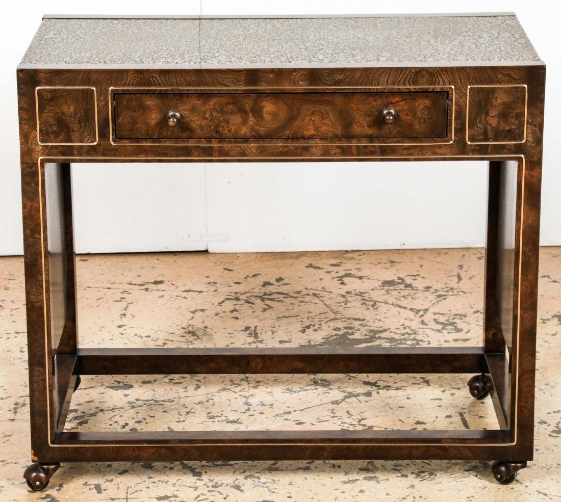Baker Wood Veneer Bar Cart with Brass Inlay Top: Vintage Baker Bar Cart, with burl wood veneer and etched metal top on rolling castors. Size: 29.5'' x 34'' x 18.5'' (75 x 86 x 47 cm).