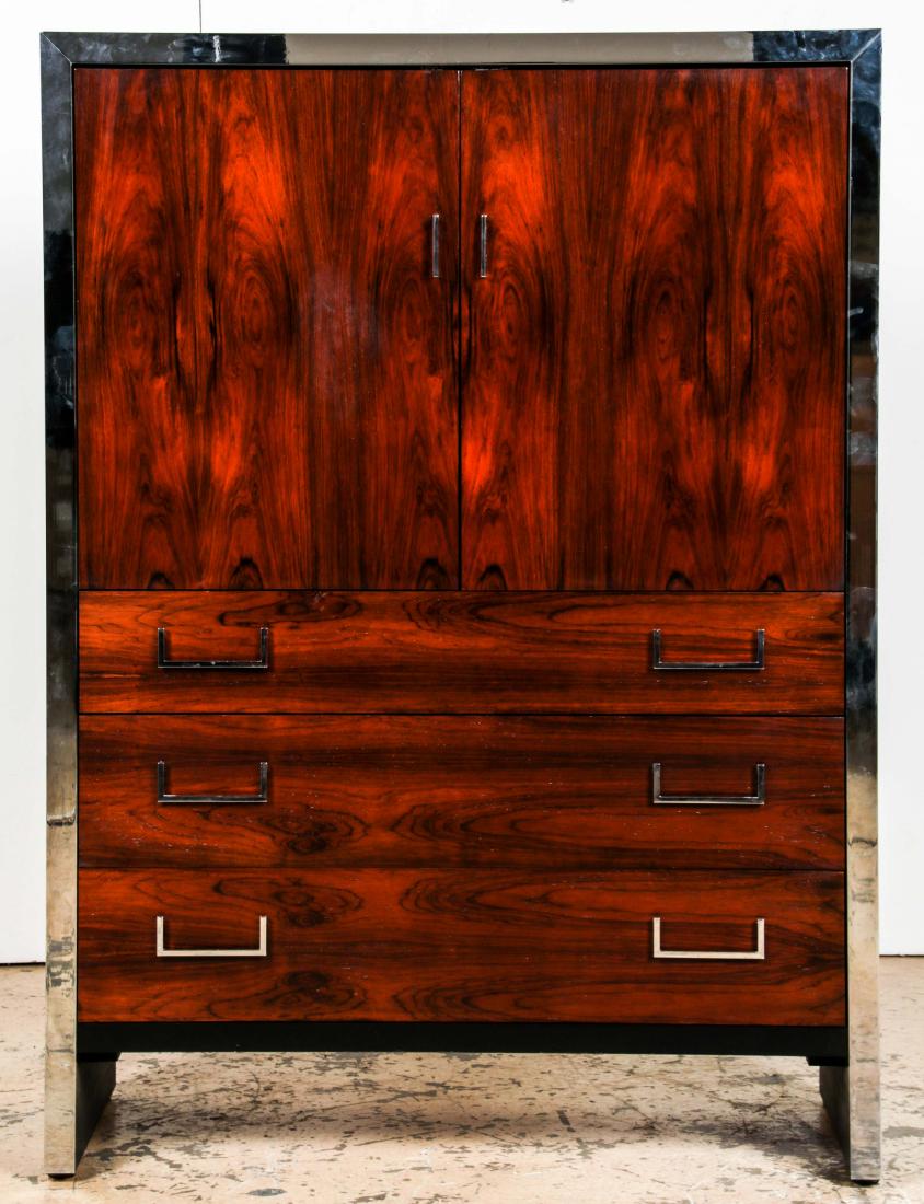 Milo Baughman for John Stuart NY Cabinet: Milo Baughman for John Stuart NY Cabinet, labeled. Modern Design Rosewood and Black Lacquer Cabinet, with chrome accents and hardware. Size: 55.5'' x 40.25'' x 19.75'' (141 x 102 x 50 cm).