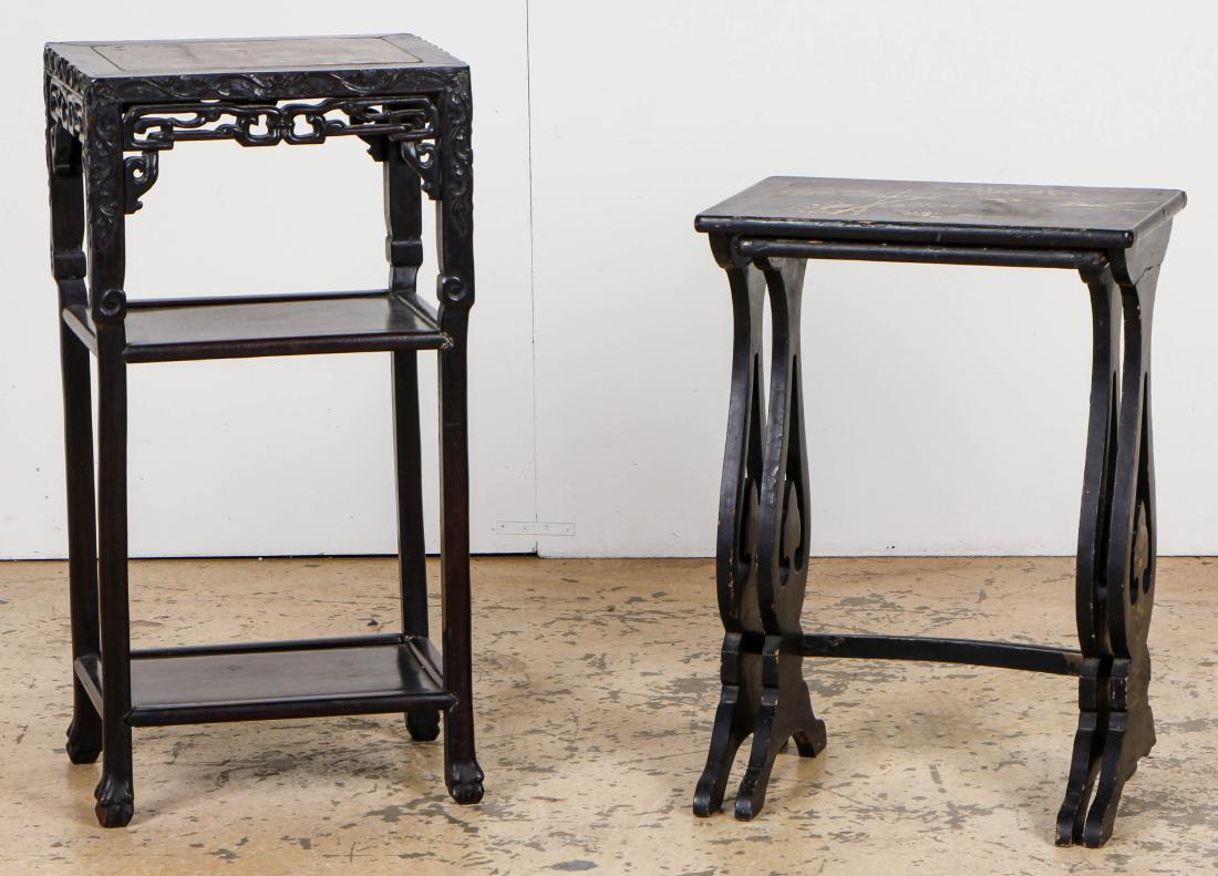 Antique Asian Tables: Antique Asian Tables, including a Chinese Marble Top Carved wood table and Pair of Japanese Lacquered Nesting Tables. LargestSize: : 31.75'' x 16.25'' x 12'' (81 x 41 x 30 cm).