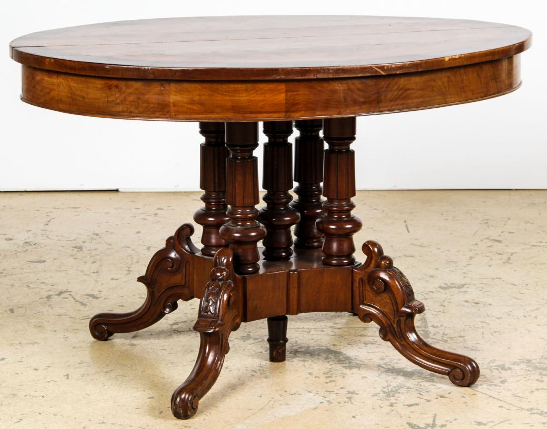 19th c. Flame Mahogany Center Table: 19th c. Flame Mahogany Center Table. Size: 29.75" x 46" x 33.5" (76 x 117 x 85 cm). Provenance: ex. collection of David Bradley Armstrong Estate.