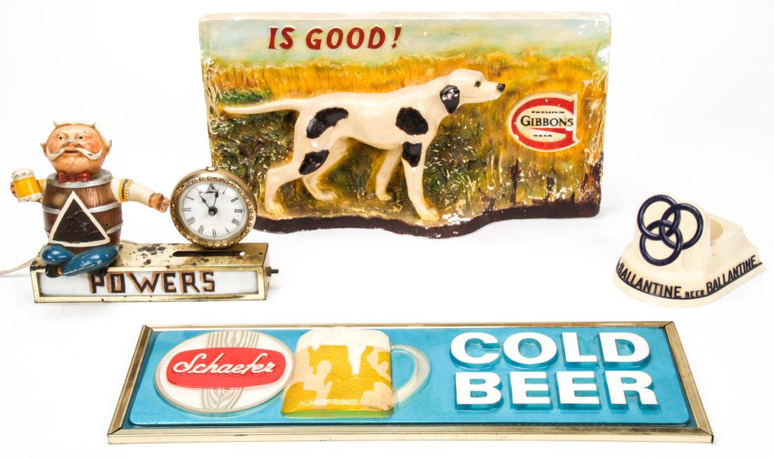 4 pc Vintage Beer Advertising Group: 4 pc Vintage Beer Advertising Group, including 1) Gibbon's Premium Beer Chalkware Bar Back Sign; 2) Schaefer "Cold Beer" Wall 3D Sign; 3) Plastic Ballantine Bottle Display; 4) Powers Tabletop Beer Clo