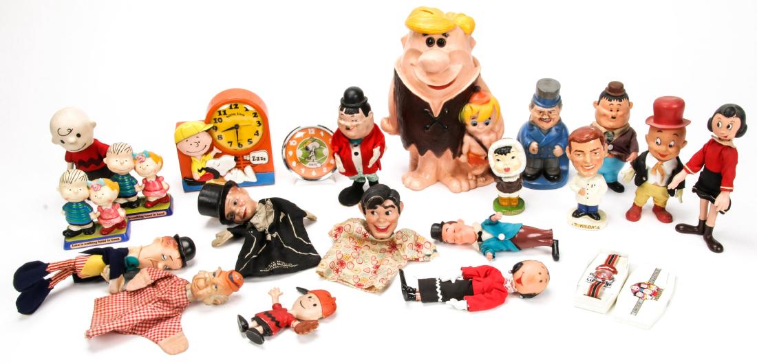 21 pc Vintage Toy Figurine Collection: 21 pc Vintage Toy Figurine Collection, including Charlie Brown, Snoopy,Barney Rubble from the Flintstones, Charlie McCarthy Hand puppet, Knickerbocker's Oliver Hardy and Stan Laurel dolls, and a Dr. K