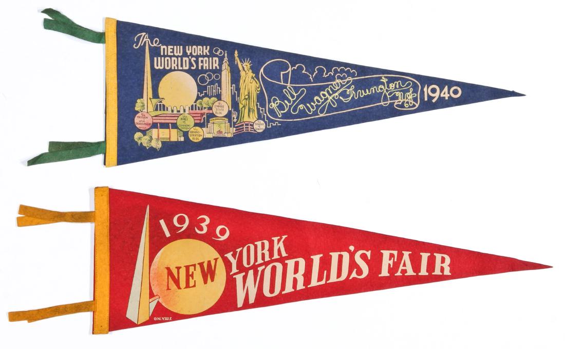 2 New York World's Fair Pennants, 1939 + 1940: 1939 New York World's Fair Pennant and 1940 New York World's Fair Pennant featuring Statue of Liberty, Empire State Building, Hall of Communications, Trylon and Perisphere. Largest Size: 8.25" x 26.5"