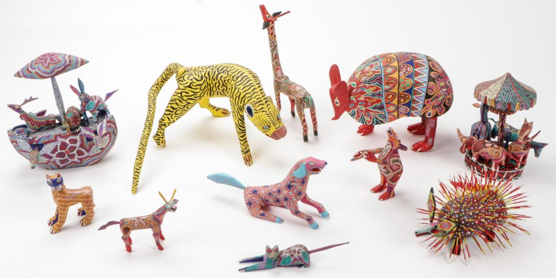 Oaxaca Painted Wood Figures from Arrasola Xoxo, Mexico.: Oaxaca Painted Wood Figures, Noah's Ark, Merry-go-roung, Armadillo, and Porcupine from Arrasola Xoxo, Mexico. Ranging in size from: 3.25'' x 2.25'' x 1.75'' (8 x 6 x 4 cm) to 8'' x 15.5'' x 16'' (20 x