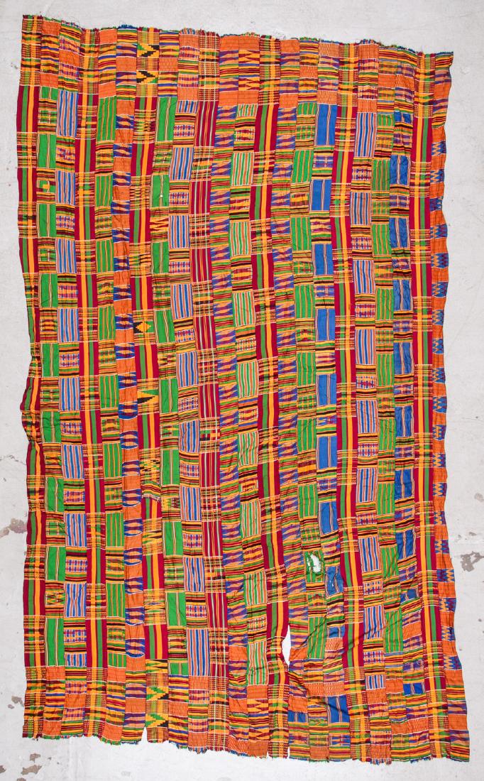 Large Old Kente Cloth, Ghana: Large Old Kente Cloth, Ghana. Size: 125.5'' x 77'' (319 x 196 cm). Note: This is a NO RESERVE auction. Bidding on all lots will start at $50.