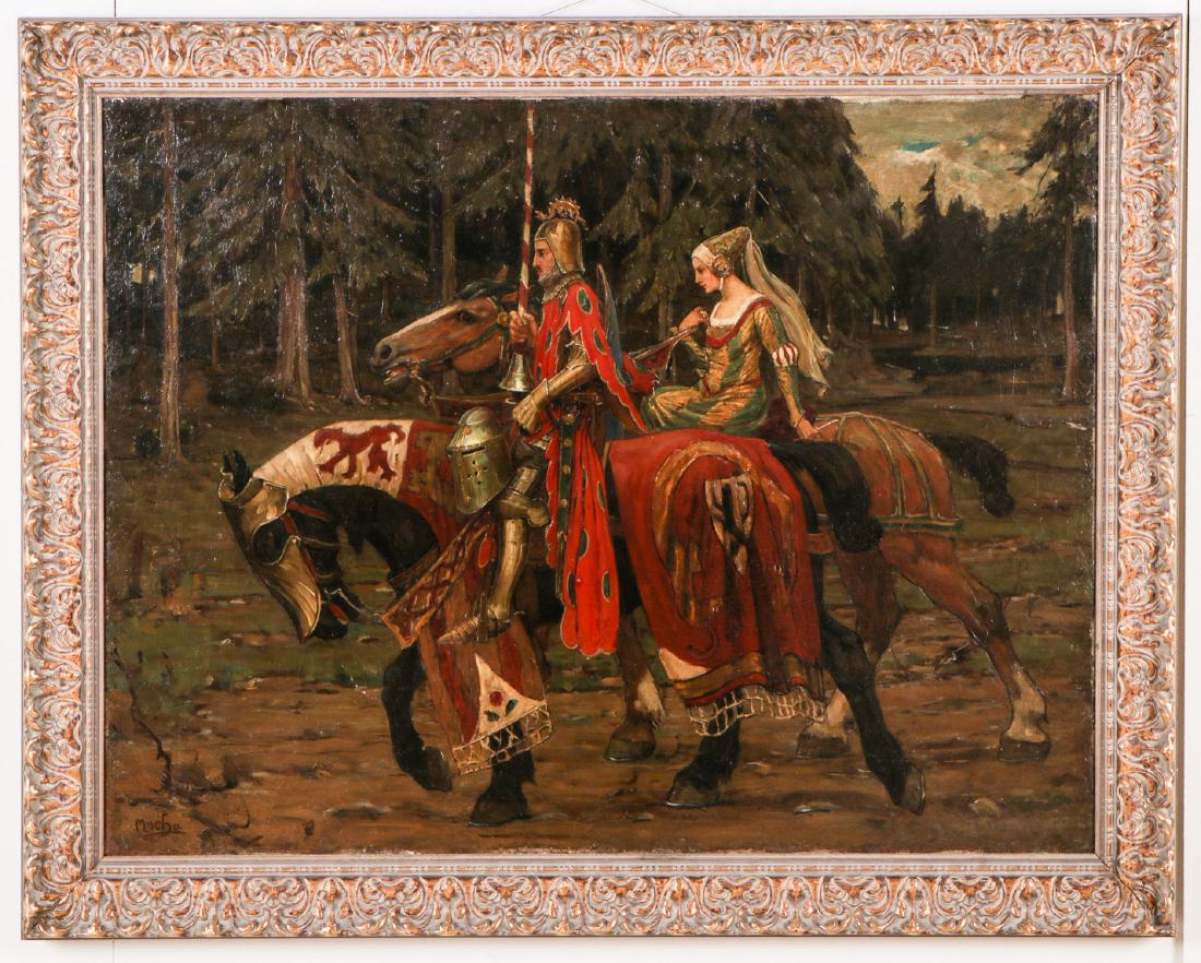 After Alphonse Mucha (1860-1939) Prince and Princess on: After Alphonse Mucha (1860-1939) Prince and Princess on Horseback, oil on painting on canvas, signed. Size: 35'' x 45.5'', 89 x 116 cm (stretcher); 42'' x 52.5'', 107 x 133 cm (frame).
