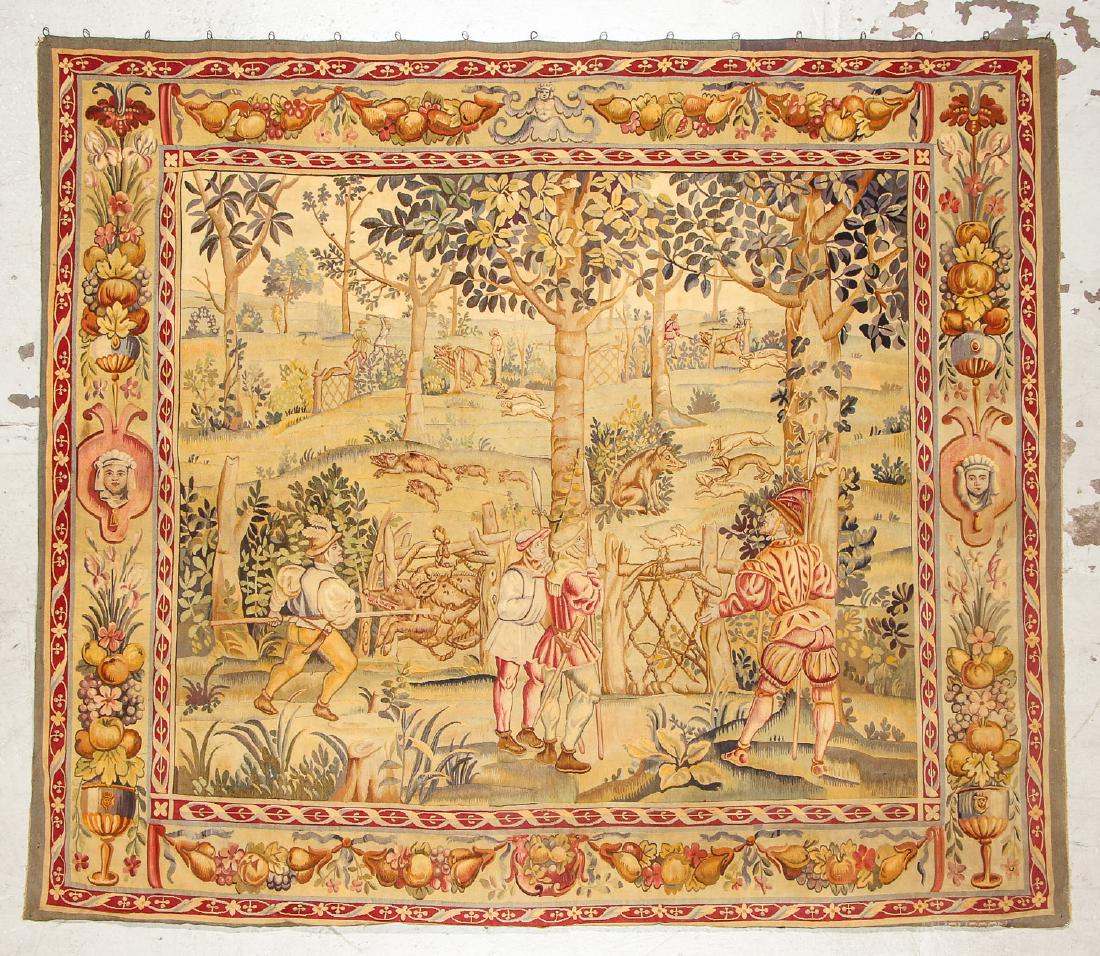 Antique Aubusson Tapestry, France, Signed: Antique Aubusson Tapestry, France, Signed, circa 1900. Size: 93'' x 80.5'' (236 x 204 cm). Estate of John Frisk, Philadelphia.