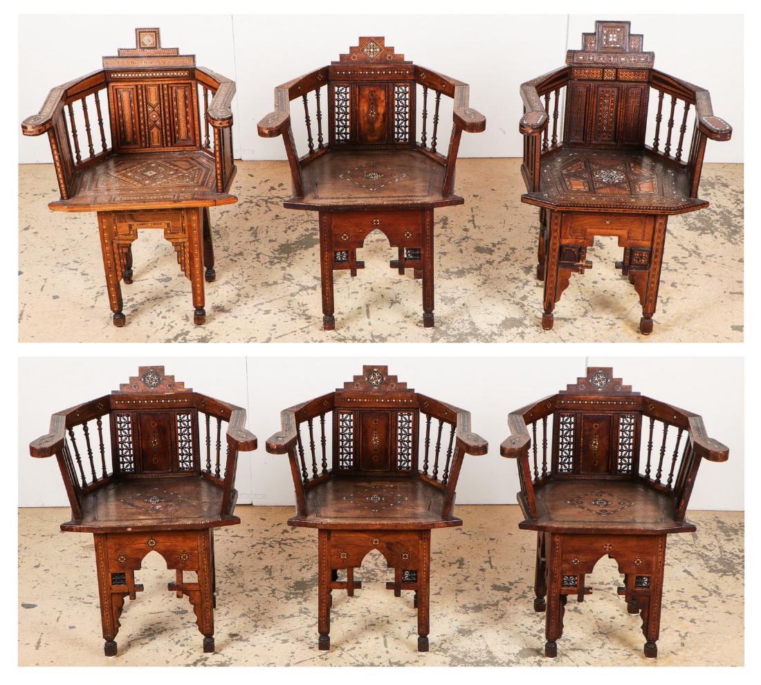 Set of 6 Antique Syrian Walnut and Inlay Chairs: 6 Antique Syrian Walnut and Inlay Chairs, late 19th c. Each size: 32'' x 22.5'' x 19'' (81 x 57 x 48 cm).