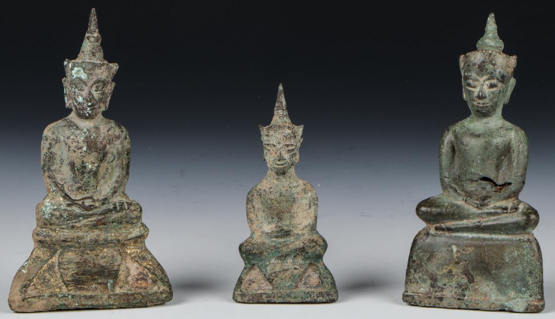 3 Antique Bronze Burmese Buddha Figures: 3 Antique Bronze Burmese Buddha Figures. Largest size: 5.25'' x 3'' x 1'' (13 x 8 x 3 cm).