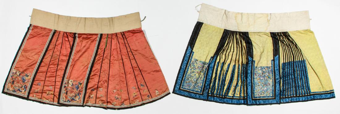 2 Antique Chinese Silk Embroidered Skirts: 2 Antique Chinese Silk Embroidered Skirts, silk floss on silk. Largest: 38'' x 69.25'' (97 x 176 cm).