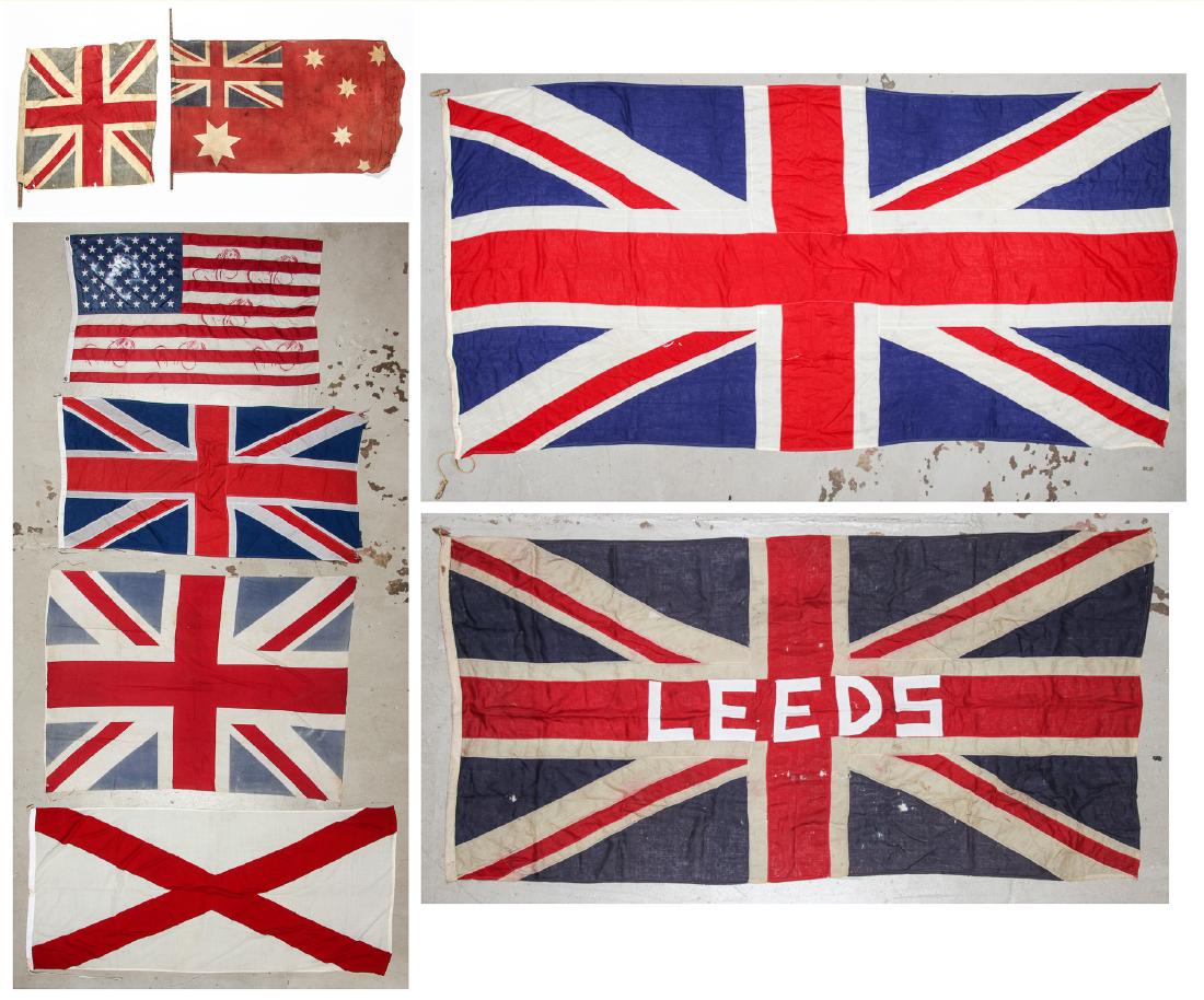 Collection of Vintage Flags (8): Collection of 8 Vintage Flags, including British, Australian and USA. Largest: 87'' x 172'' (221 x 437 cm).