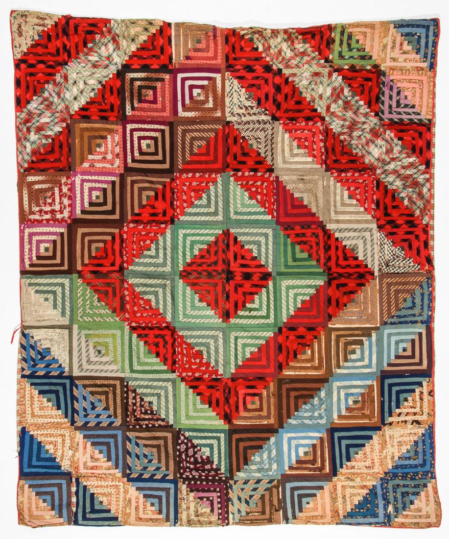 Antique African American Quilt: Boldly Expressive Antique African American Quilt, Log Cabin Barn Raising pattern. Size: 75'' x 62.25'' (191 x 158 cm).