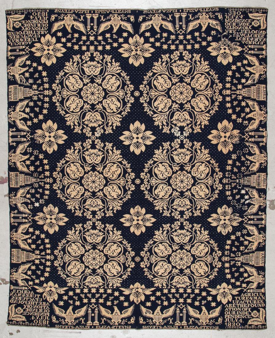 Antique Blue and White American Coverlet: Antique Blue and White American Coverlet, signed,dated and inscribed with the following message: "AGRICULTURE & MANUFACTURES ARE THE FOUNDATION OF OUR INDEPENDENCE, JULY 4, 1830, ELIZA STEVNS". Size: 